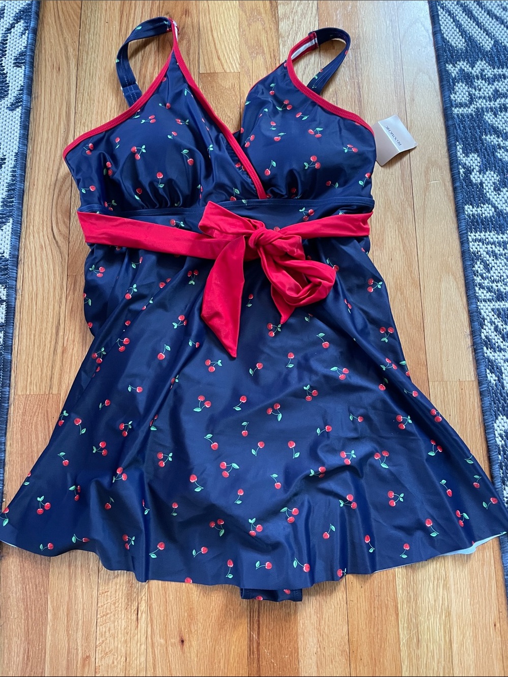 Navy Cherry Print Surplice Swim Dress with Red Trim - Picture 4 of 8